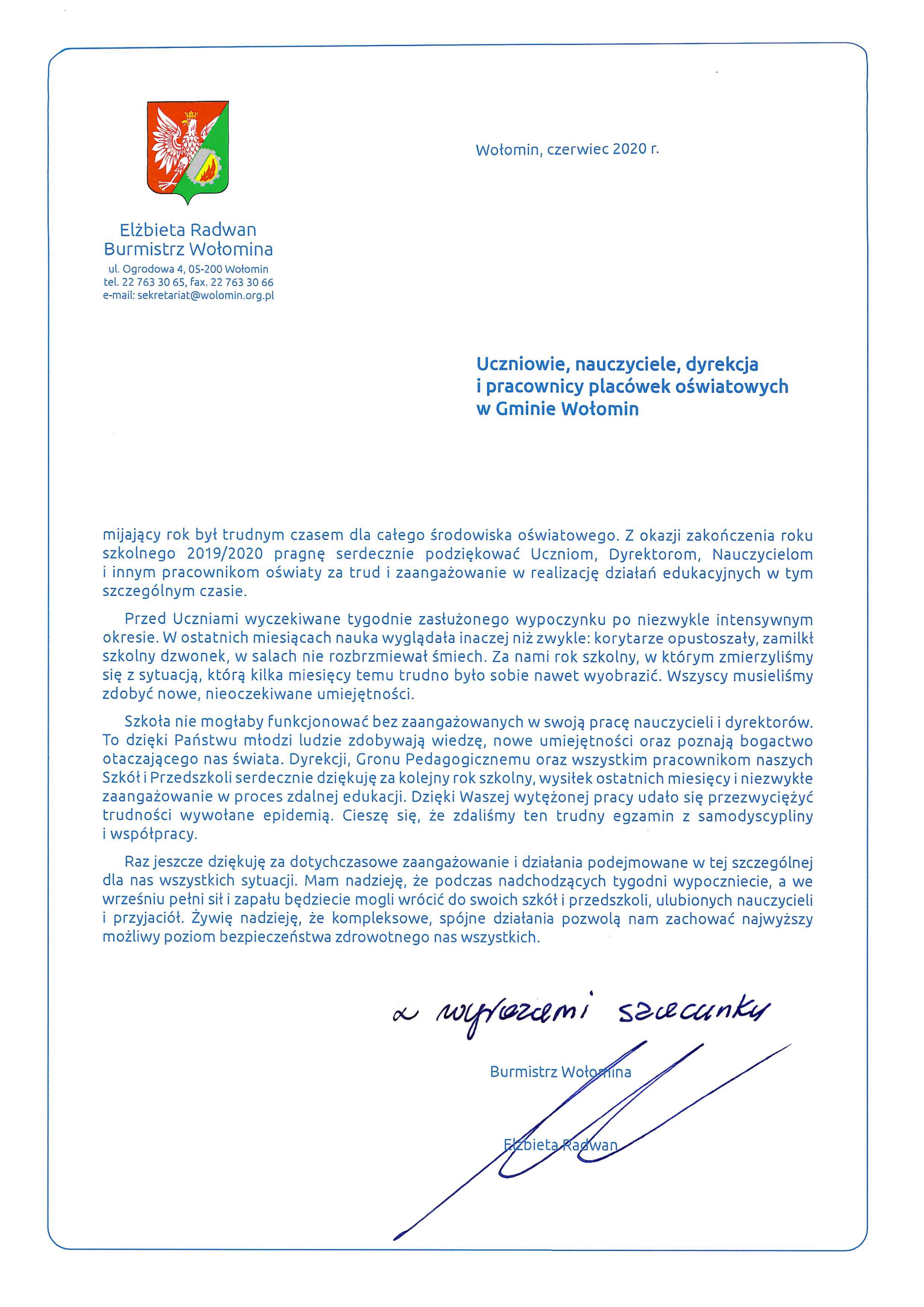 List Gratulacyjny Burmistrz Wolomina Oswiata